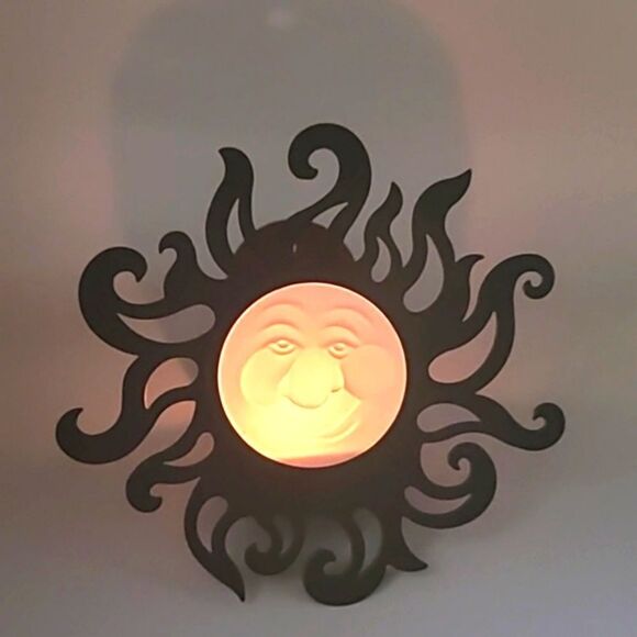 PartyLite Black Metal Candleholder Sconce with Frosted Sun Face - Picture 1 of 4